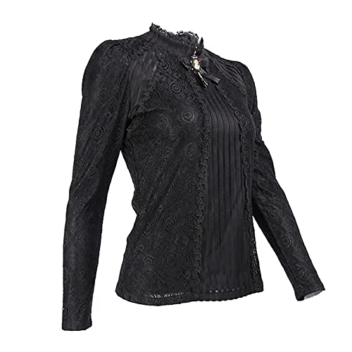Vintage Beaded Buttons Pleated Lace Blouse (Black, Small)