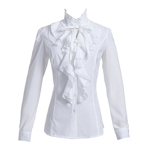 White Lace Ruffle Neck Stand-Up Collar Blouse