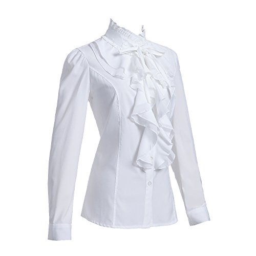 White Lace Ruffle Neck Stand-Up Collar Blouse