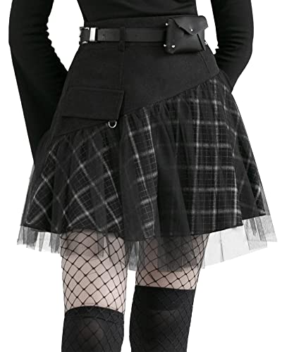 Gothic Plaid Skirt with Tulle and High Waist