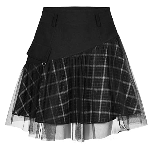 Gothic Plaid Skirt with Tulle and High Waist