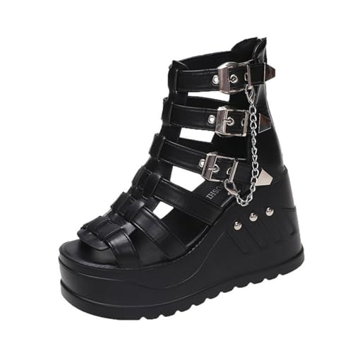 Black Gothic Platform Wedge Sandals - Comfortable Goddess Style