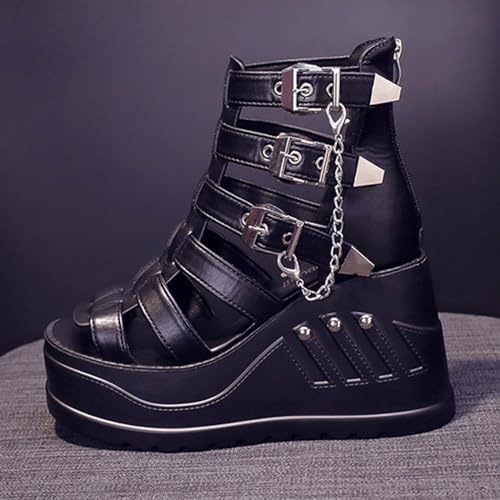 Black Gothic Platform Wedge Sandals - Comfortable Goddess Style