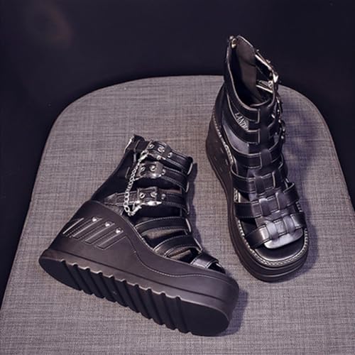 Black Gothic Platform Wedge Sandals - Comfortable Goddess Style