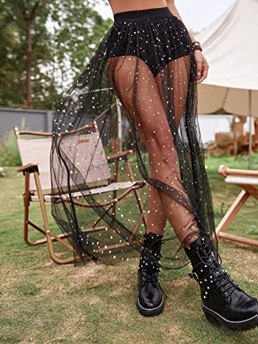 Galaxy Print Sheer Mesh High Waist Maxi Skirt