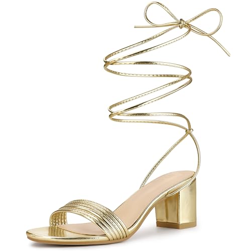 Gold Lace-Up Goddess Block Heel Sandals - Size 8