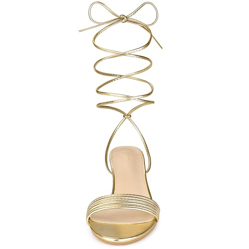 Gold Lace-Up Goddess Block Heel Sandals - Size 8