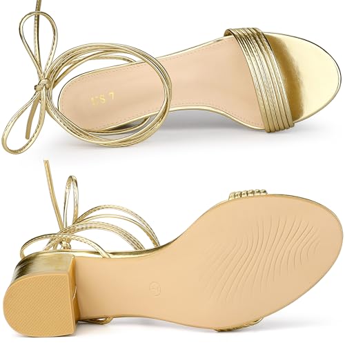 Gold Lace-Up Goddess Block Heel Sandals - Size 8