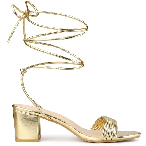 Gold Lace-Up Goddess Block Heel Sandals - Size 8