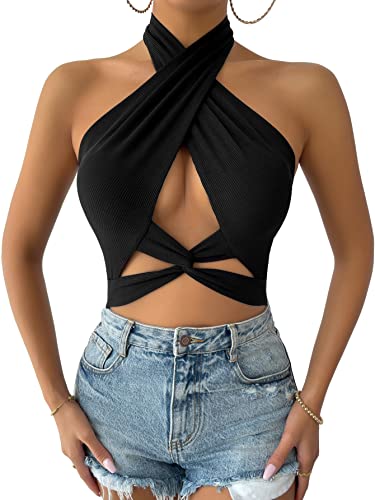 Verdusa Black Twist Front Crop Halter Top