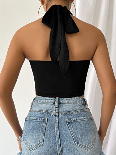 Verdusa Black Twist Front Crop Halter Top
