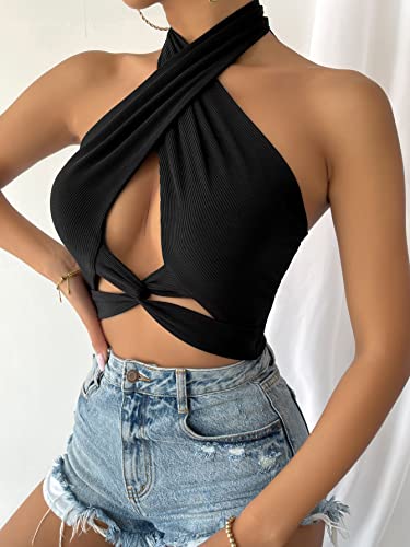 Verdusa Black Twist Front Crop Halter Top