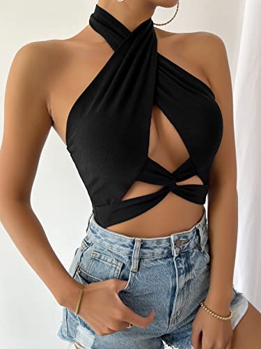 Verdusa Black Twist Front Crop Halter Top