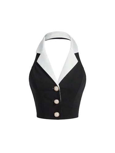BEAUDRM Colorblock Sleeveless Crop Halter Top