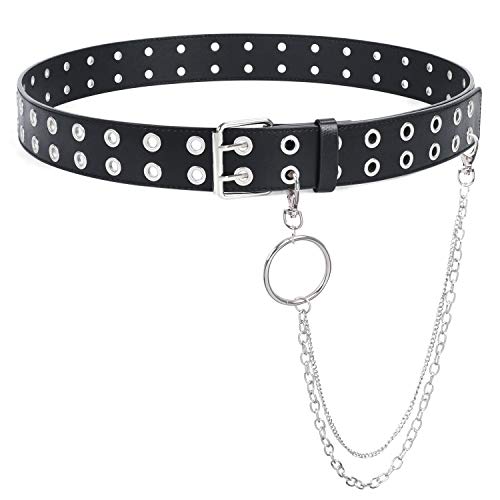 Double Grommet Leather Belt with Chain, Unisex