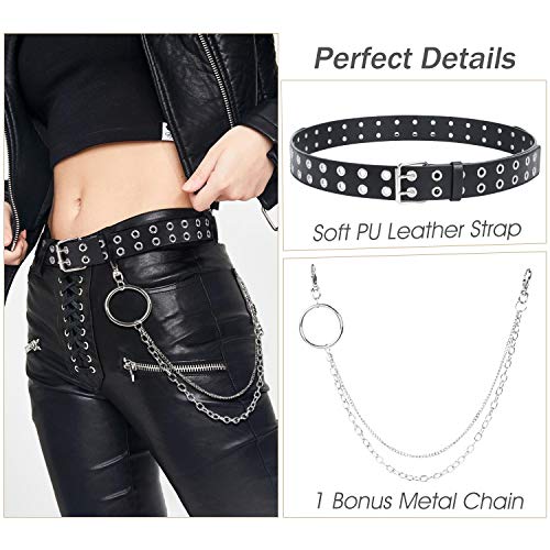 Double Grommet Leather Belt with Chain, Unisex