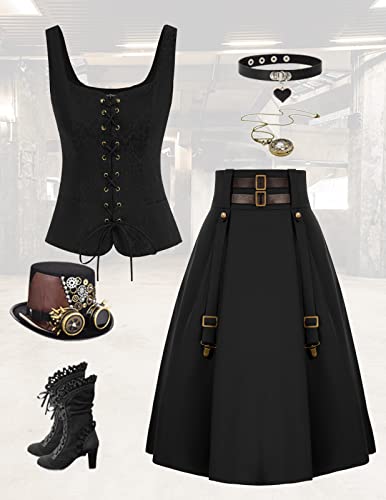 Steampunk Gothic Pirate Skirt High Waist Black Midi