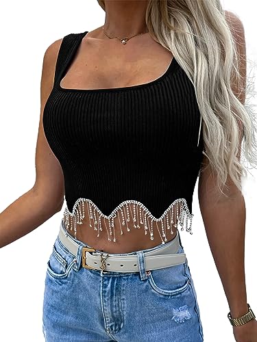 LYANER Rhinestone Fringe Crop Tank Top Black Small