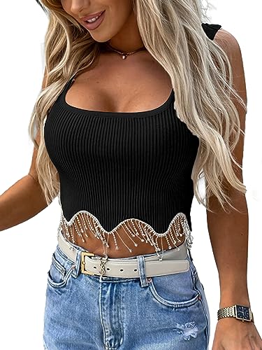 LYANER Rhinestone Fringe Crop Tank Top Black Small