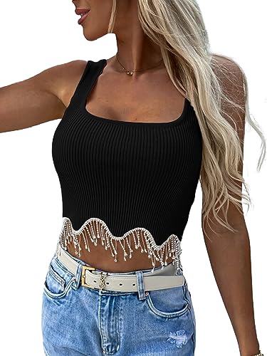 LYANER Rhinestone Fringe Crop Tank Top Black Small