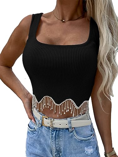 LYANER Rhinestone Fringe Crop Tank Top Black Small