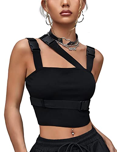 CYCLAMEN Women's Gothic Buckle Tank Crop Top, Black