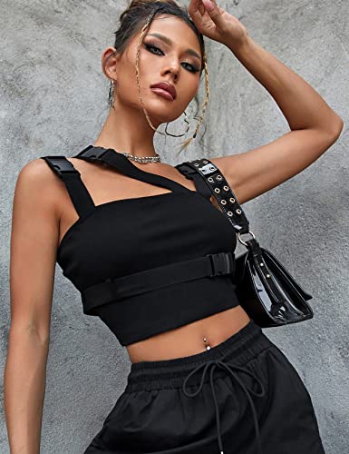 CYCLAMEN Women's Gothic Buckle Tank Crop Top, Black