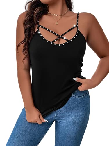 WDIRARA Rhinestone Crisscross Goddess Cami Top Black