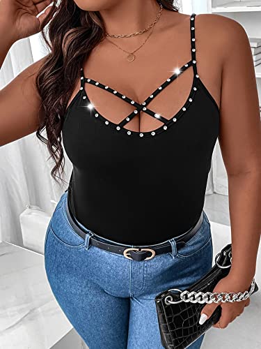 WDIRARA Rhinestone Crisscross Goddess Cami Top Black