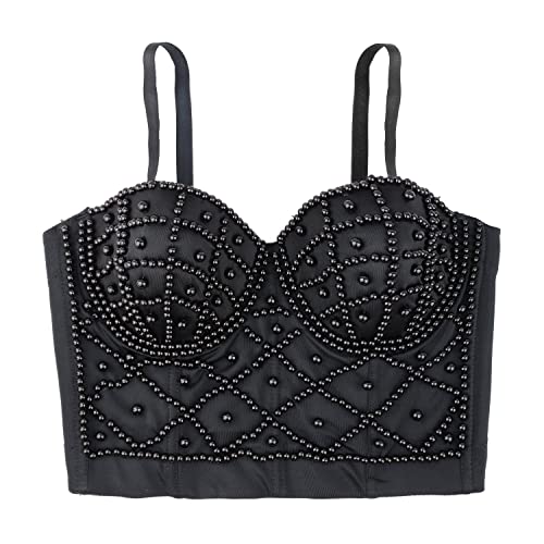 ELLACCI Pearls Beaded Bustier Corset Crop Top Black