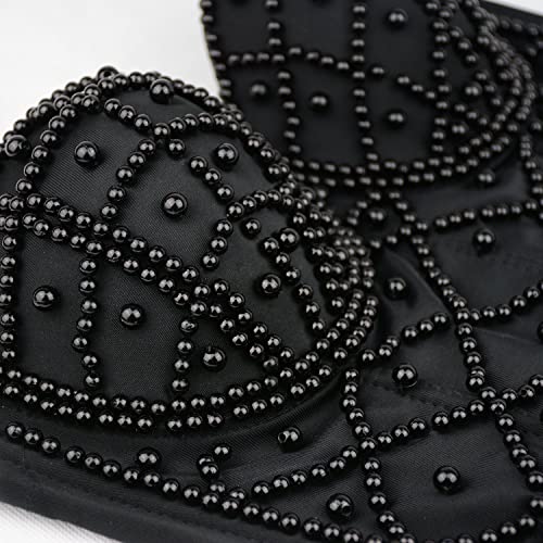 ELLACCI Pearls Beaded Bustier Corset Crop Top Black