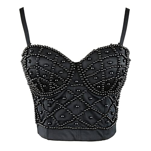 ELLACCI Pearls Beaded Bustier Corset Crop Top Black