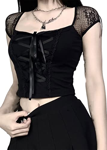 Womens Gothic Crop Top Mesh Short Sleeve 