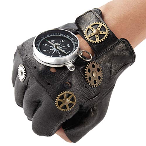 Steampunk Leather Fingerless Mittens for Men, Compass Design
