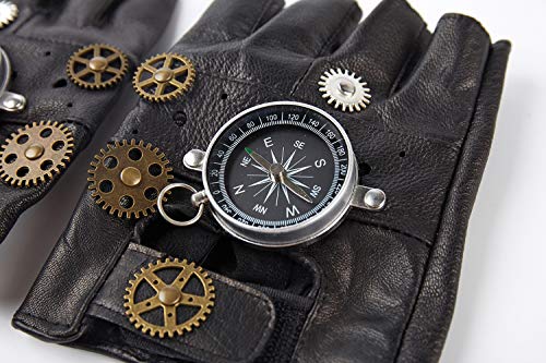 Steampunk Leather Fingerless Mittens for Men, Compass Design