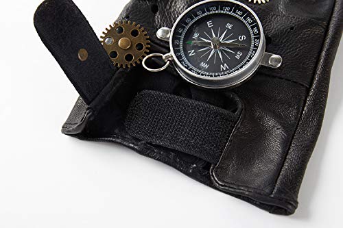 Steampunk Leather Fingerless Mittens for Men, Compass Design