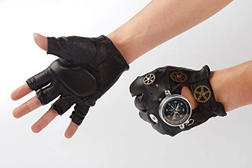 Steampunk Leather Fingerless Mittens for Men, Compass Design