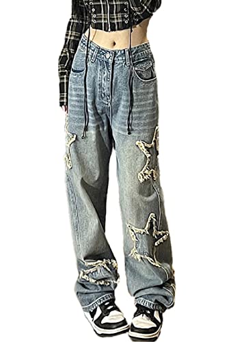 Womens Star Print Gradient Ripped Jeans