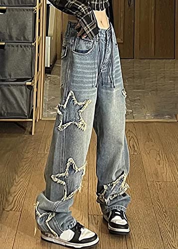 Womens Star Print Gradient Ripped Jeans