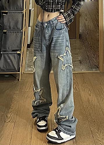 Womens Star Print Gradient Ripped Jeans