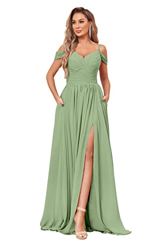 Sage Green Off-Shoulder Dress with Pockets