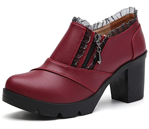 DADAWEN Women's Wine Red Lace Platform Oxfords