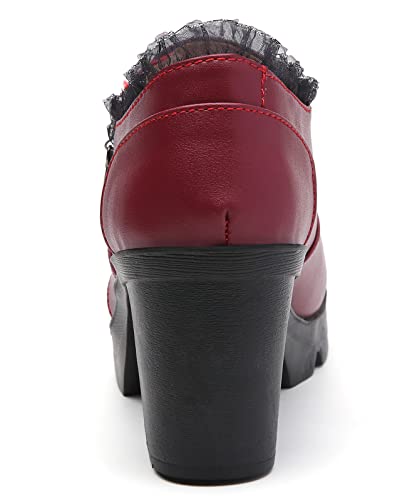 DADAWEN Women's Wine Red Lace Platform Oxfords