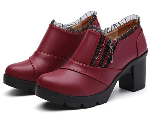 DADAWEN Women's Wine Red Lace Platform Oxfords