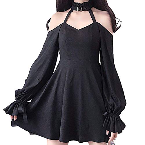 ZZEQYG Gothic Lolita Off-Shoulder Halter Party Dress Black