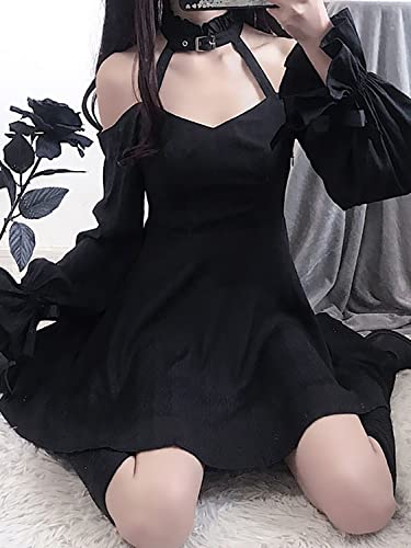 ZZEQYG Gothic Lolita Off-Shoulder Halter Party Dress Black