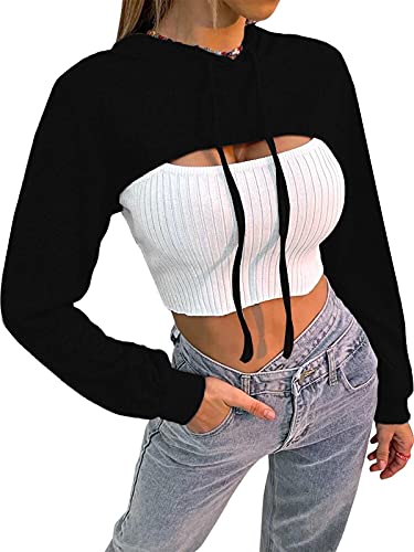Black Long Sleeve Crop Top Hoodie for Women