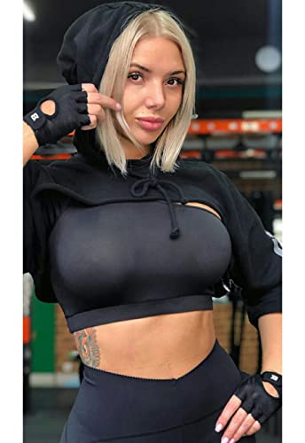 Black Long Sleeve Crop Top Hoodie for Women