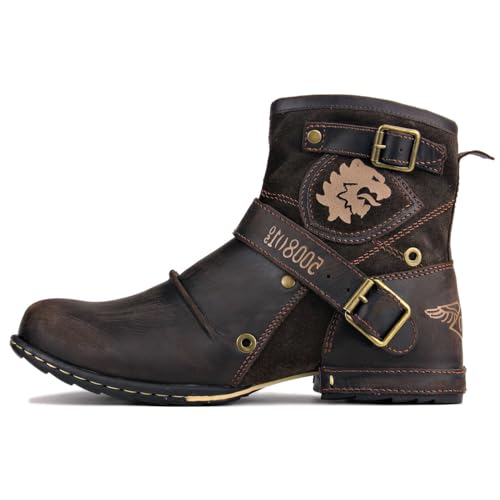 Brown Leather Moto Boots with Zipper-up for Men
