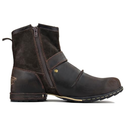 Brown Leather Moto Boots with Zipper-up for Men